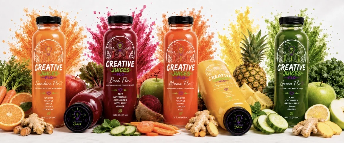 Creative Juices Flo juice lineup with fresh ingredients
