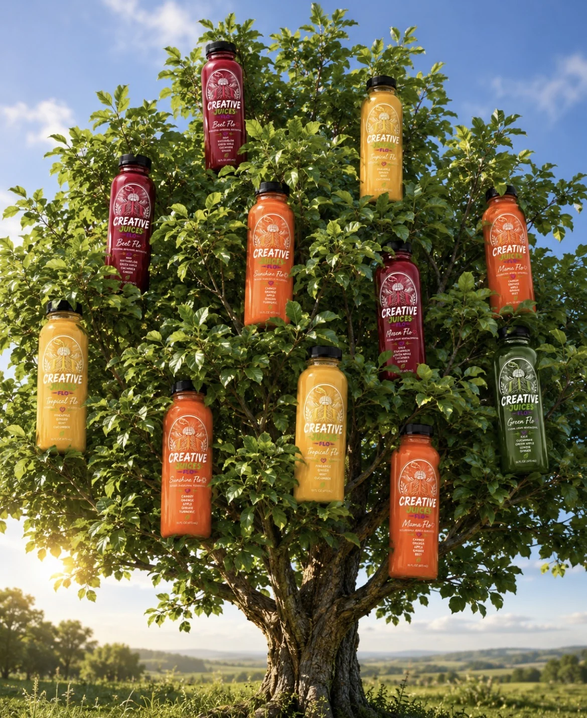 Creative Juices Flo bottles growing in a beautiful green tree